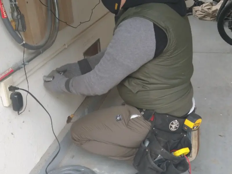 Electrician performing outlet wiring in a Mount Hood Villages garage